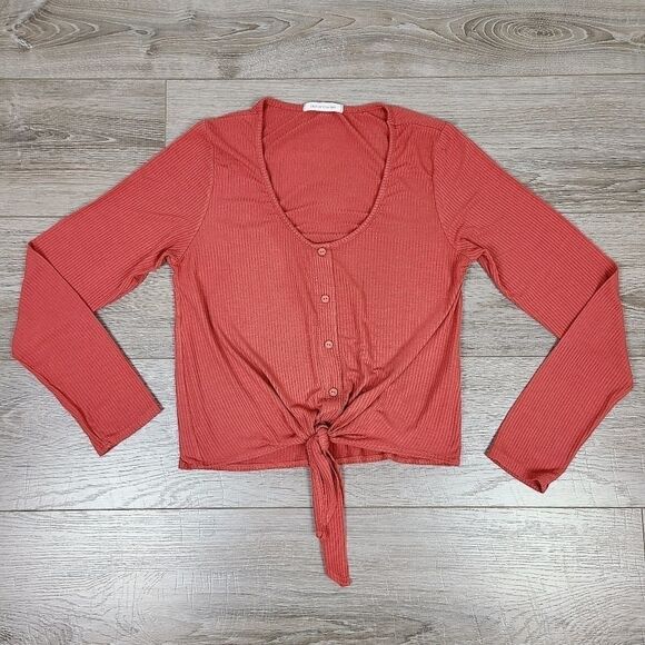 Caution To The Wind Rust Orange Long Sleeve Front Tie Top Medium - Picture 10 of 16
